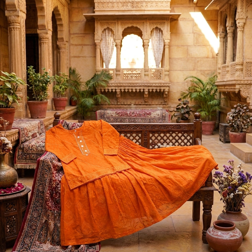 Saffron Glow Bhandhani Kurta Skirt Set With Dupatta