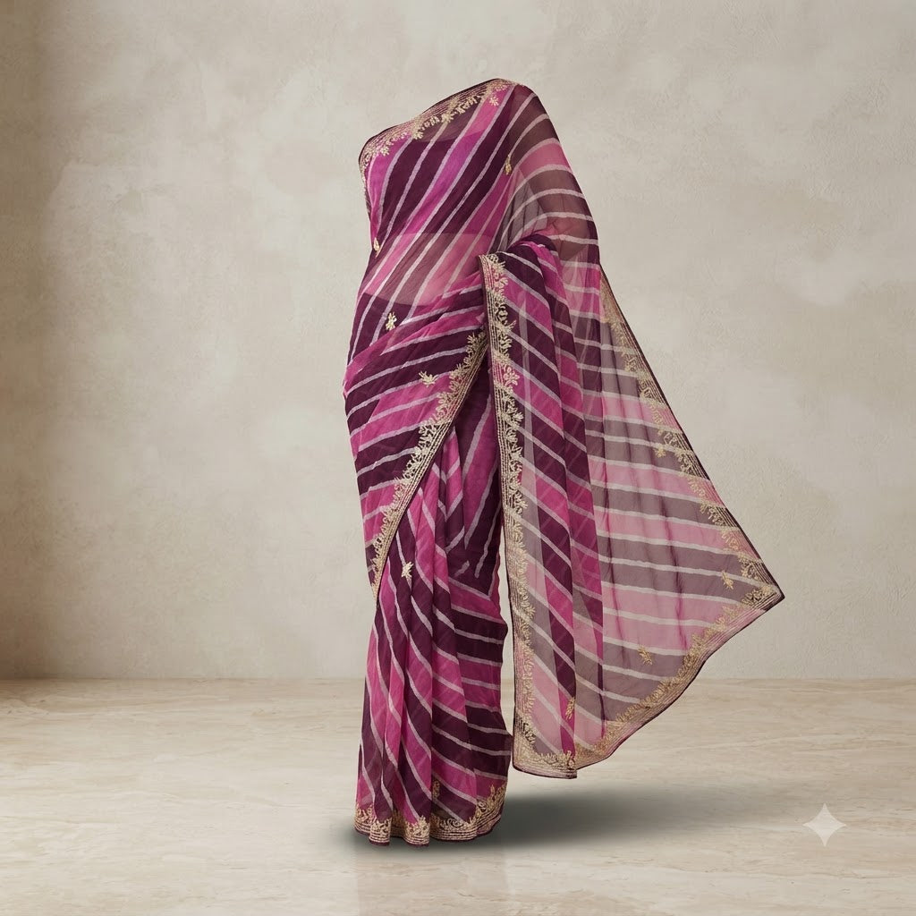 Purple & Wine Lehariya Chiffon Saree with Light Golden Zari Embroidery