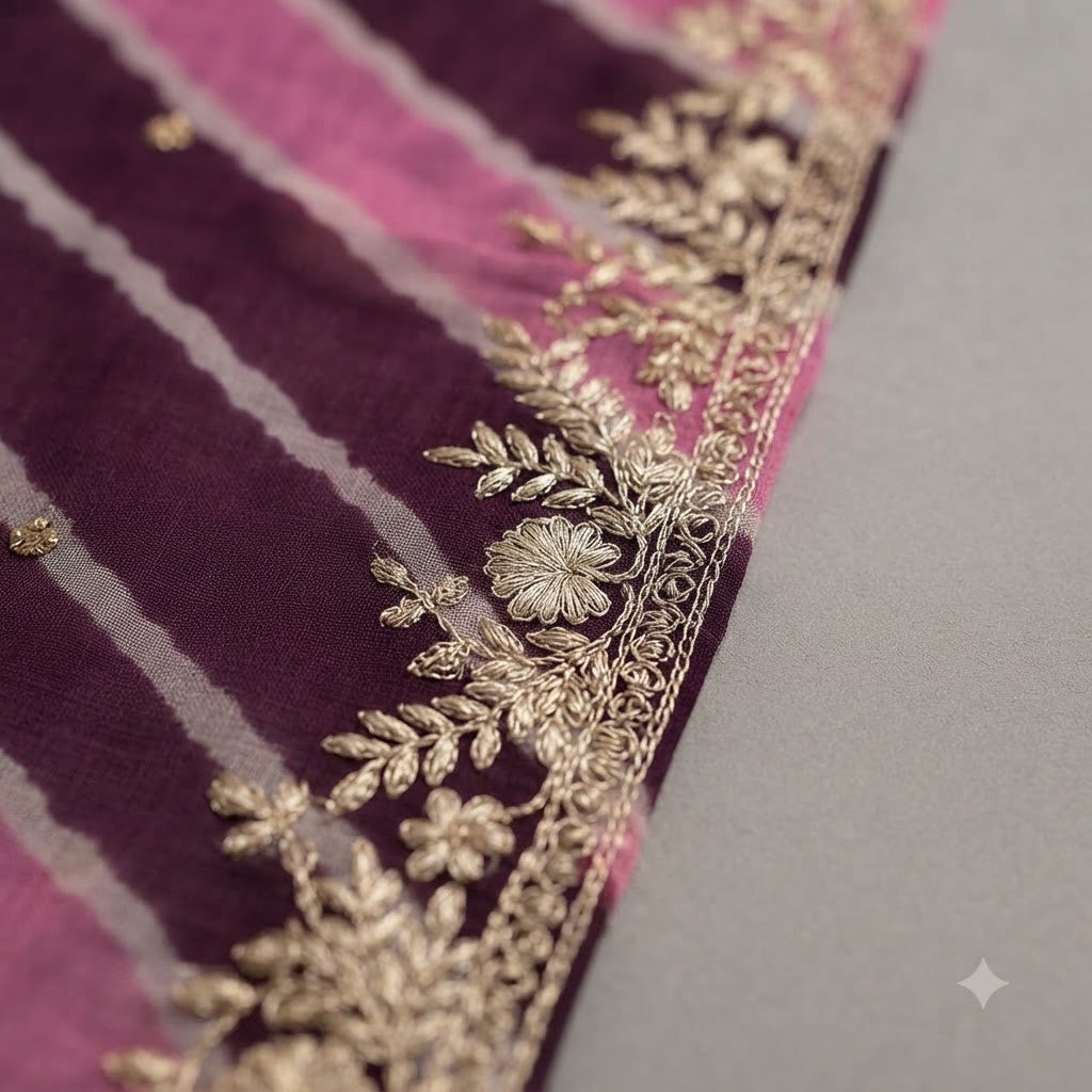 Purple & Wine Lehariya Chiffon Saree with Light Golden Zari Embroidery