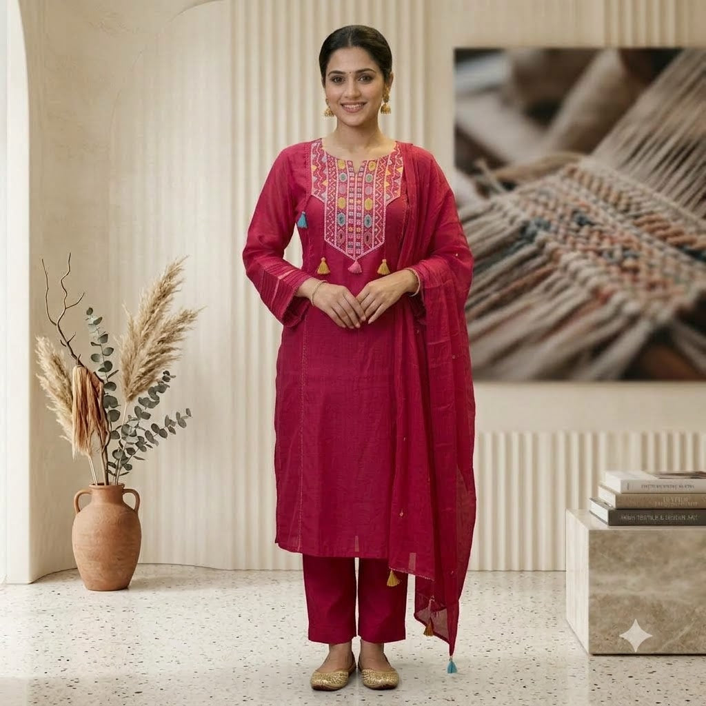 Mirror Work Embroidery Kurti Pant Set With Dupatta