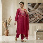 Mirror Work Embroidery Kurti Pant Set With Dupatta