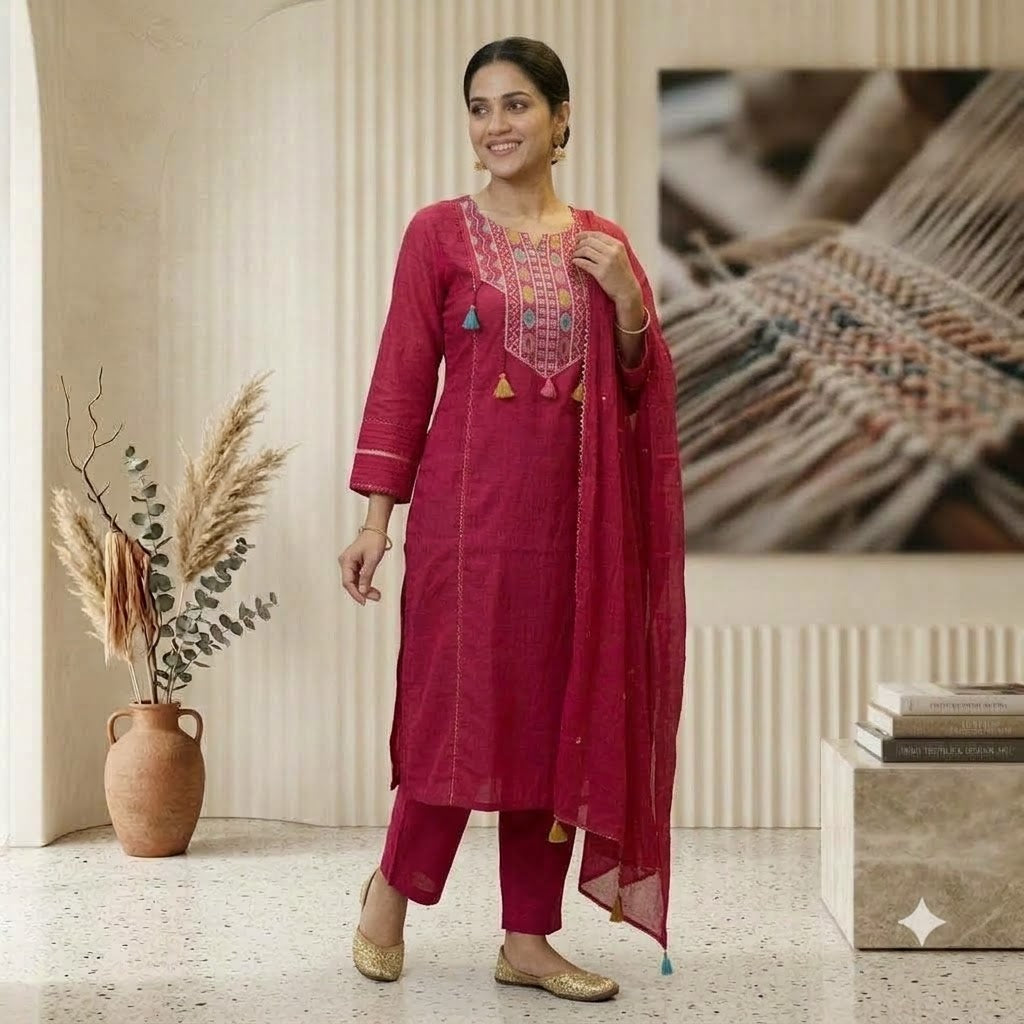 Mirror Work Embroidery Kurti Pant Set With Dupatta