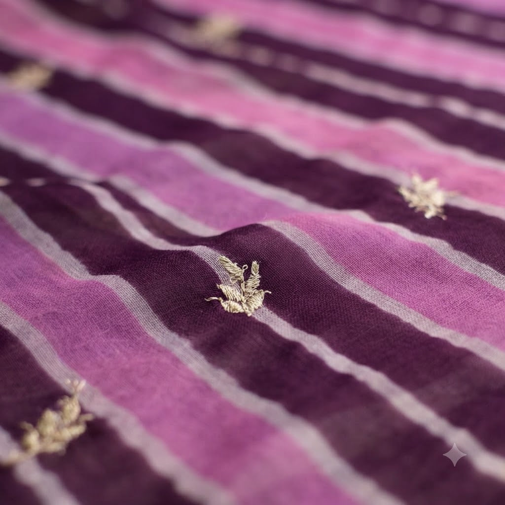 Purple & Wine Lehariya Chiffon Saree with Light Golden Zari Embroidery