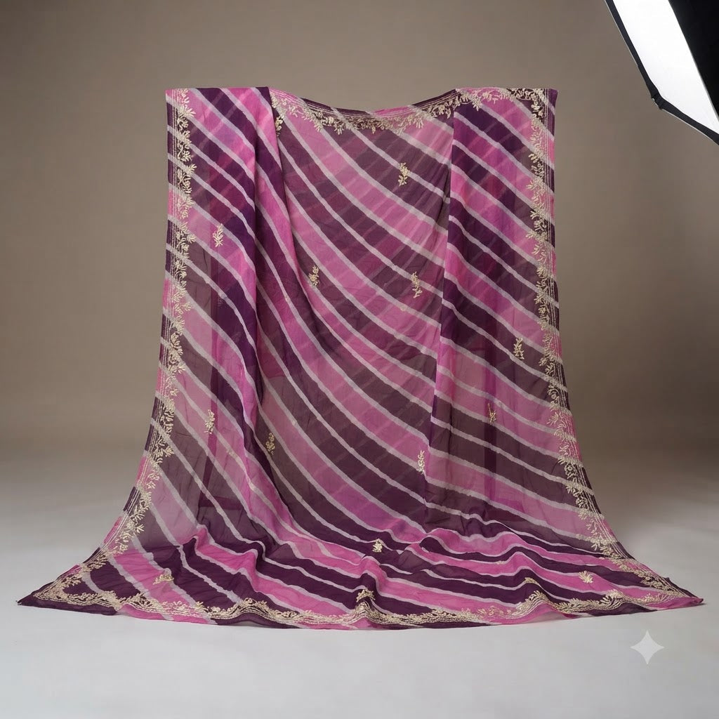 Purple & Wine Lehariya Chiffon Saree with Light Golden Zari Embroidery