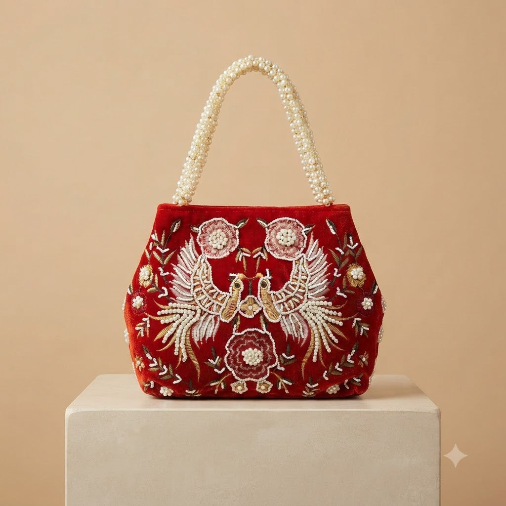 Red Velvet Embroidered Handbag