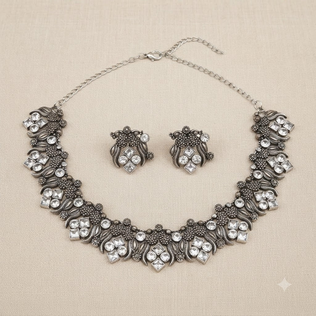 Oxidised Silver Statement Necklace Set with White Stones & Earrings