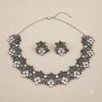 Oxidised Silver Statement Necklace Set with White Stones & Earrings