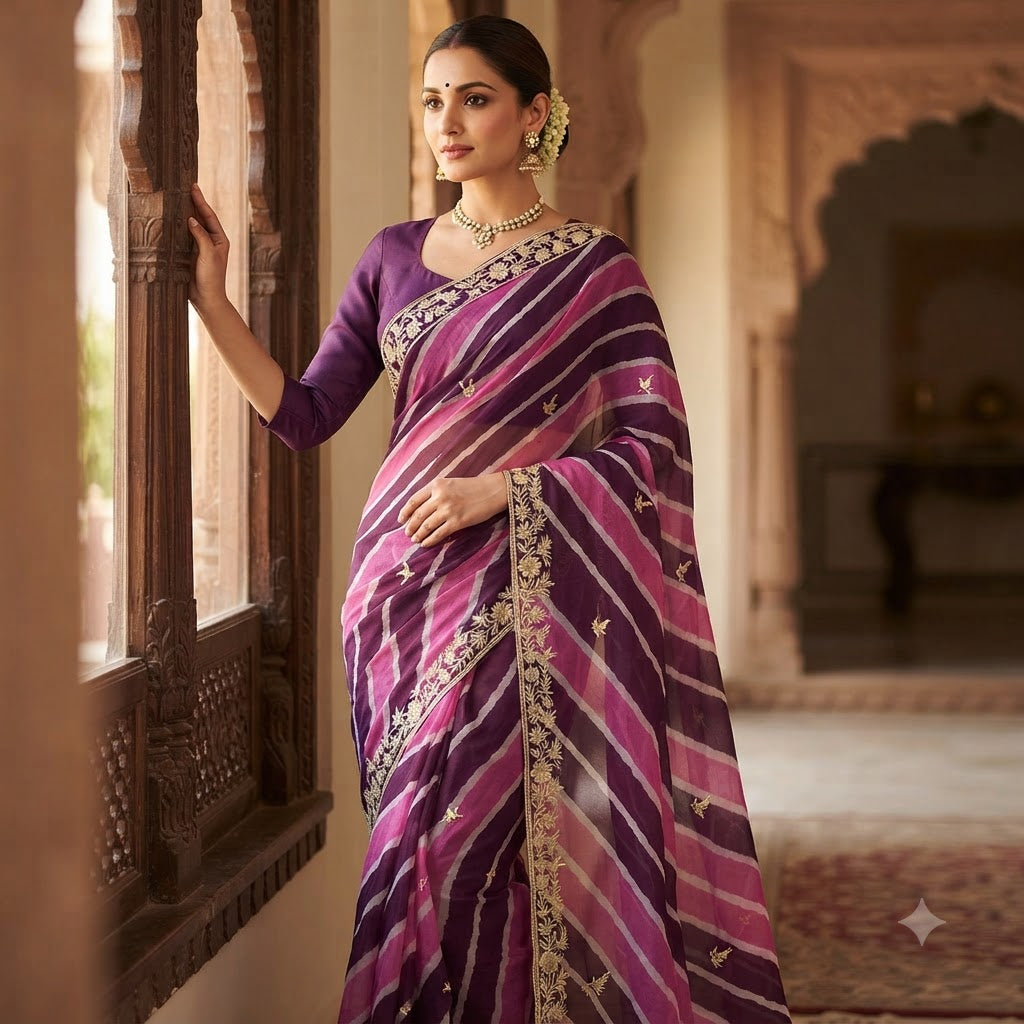 Purple & Wine Lehariya Chiffon Saree with Light Golden Zari Embroidery