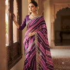 Purple & Wine Lehariya Chiffon Saree with Light Golden Zari Embroidery