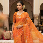 Orange Chiffon Leheriya Saree with Silver Floral Embellishments
