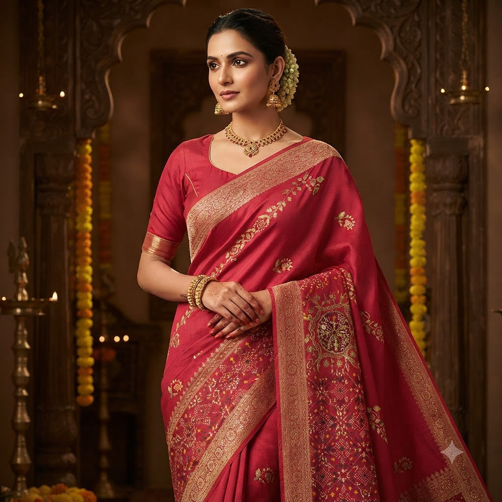 Gajri Dola Silk Saree with Traditional Gold Floral Embroidery